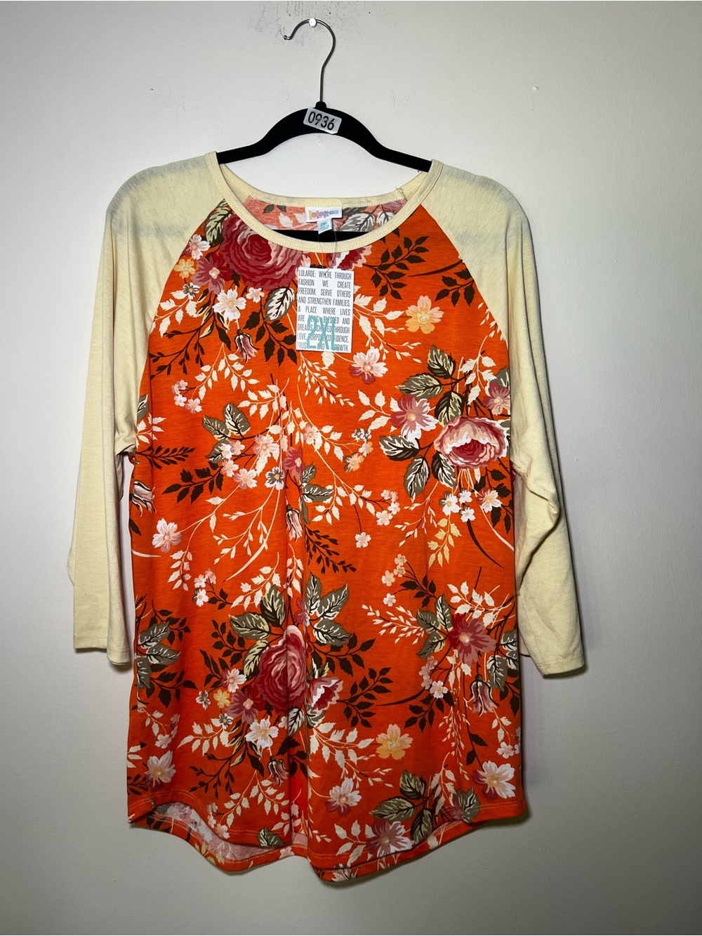 LuLaRoe Randy Tee Orange Floral Raglan with Cream/Yellowish Sleeves